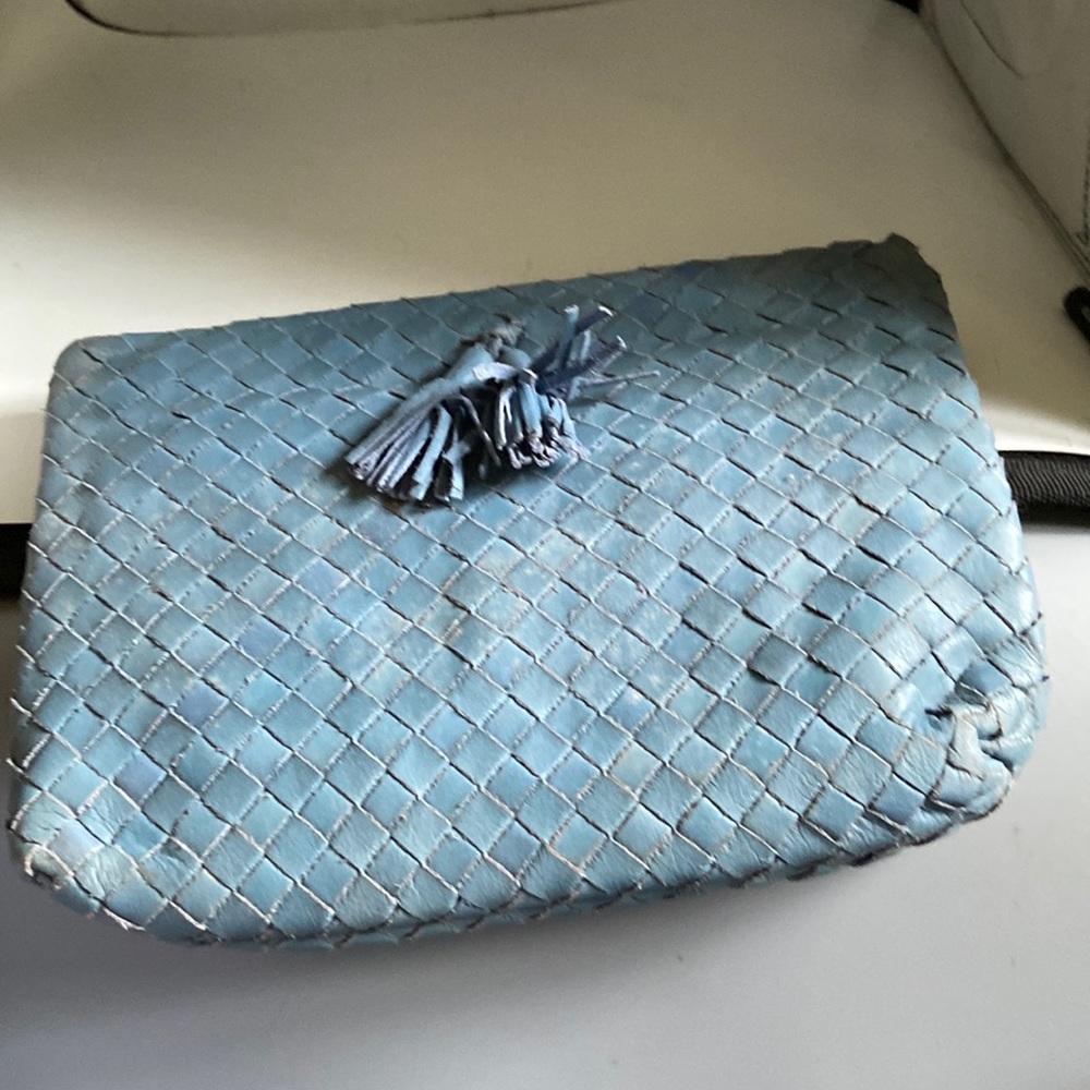 Aspects Woven Leather Crossbody Clutch in Blue with Tassel